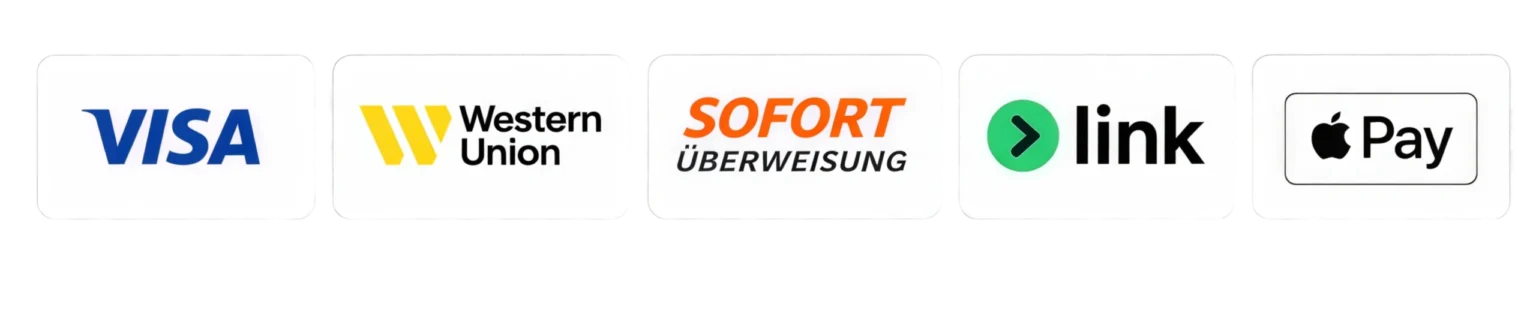 Zahlungsmethoden: Visa, Western Union, Sofortüberweisung, Link und Apple Pay